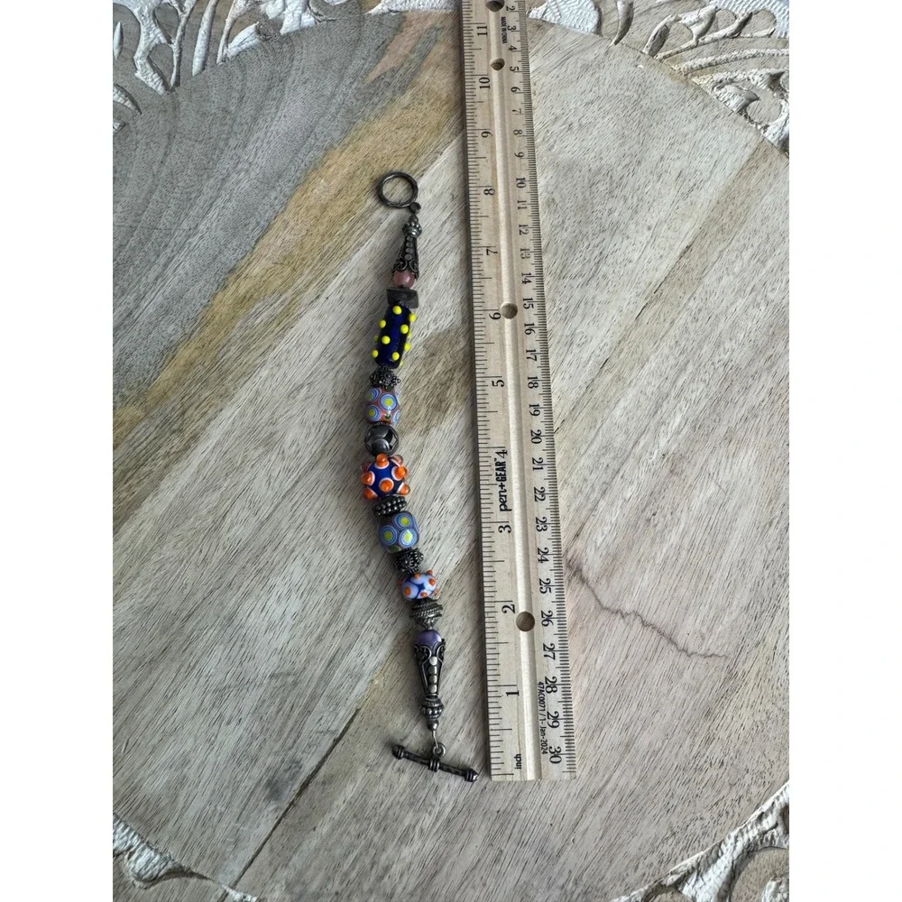 Artisan Glass Bead Toggle Bracelet Multicolor Bohemian Silver‎ Tone 8.25in